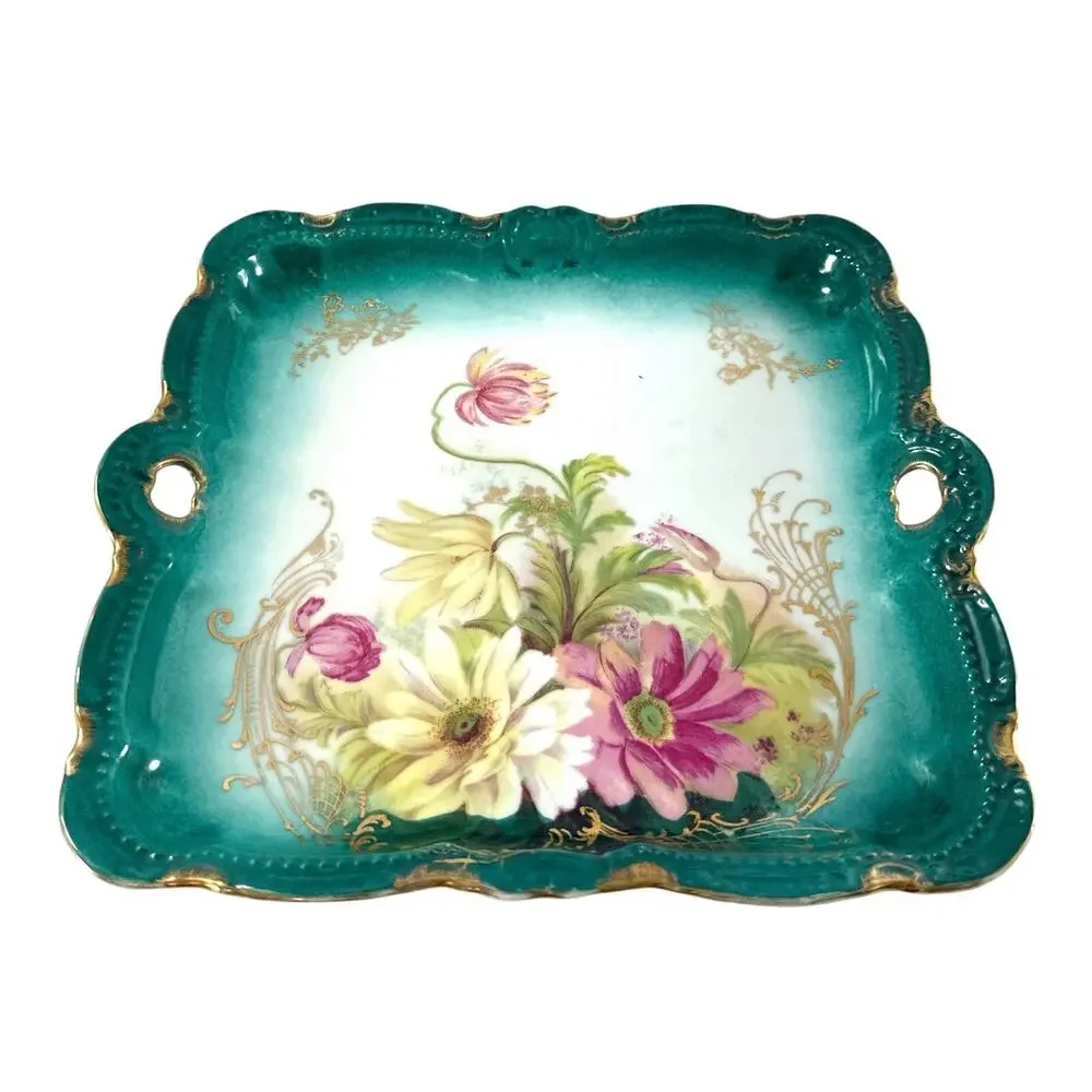 Antique PM Bavaria Hand Painted Floral Porcelain Serving Tray Gold Gilt 8.5”